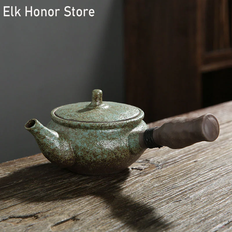 

Retro Japanese Style Coarse Green Ceramic Teapot Handmade Side Handled Teapot Household Teaware Kung Fu Tea Pu'er Teakettle Gift