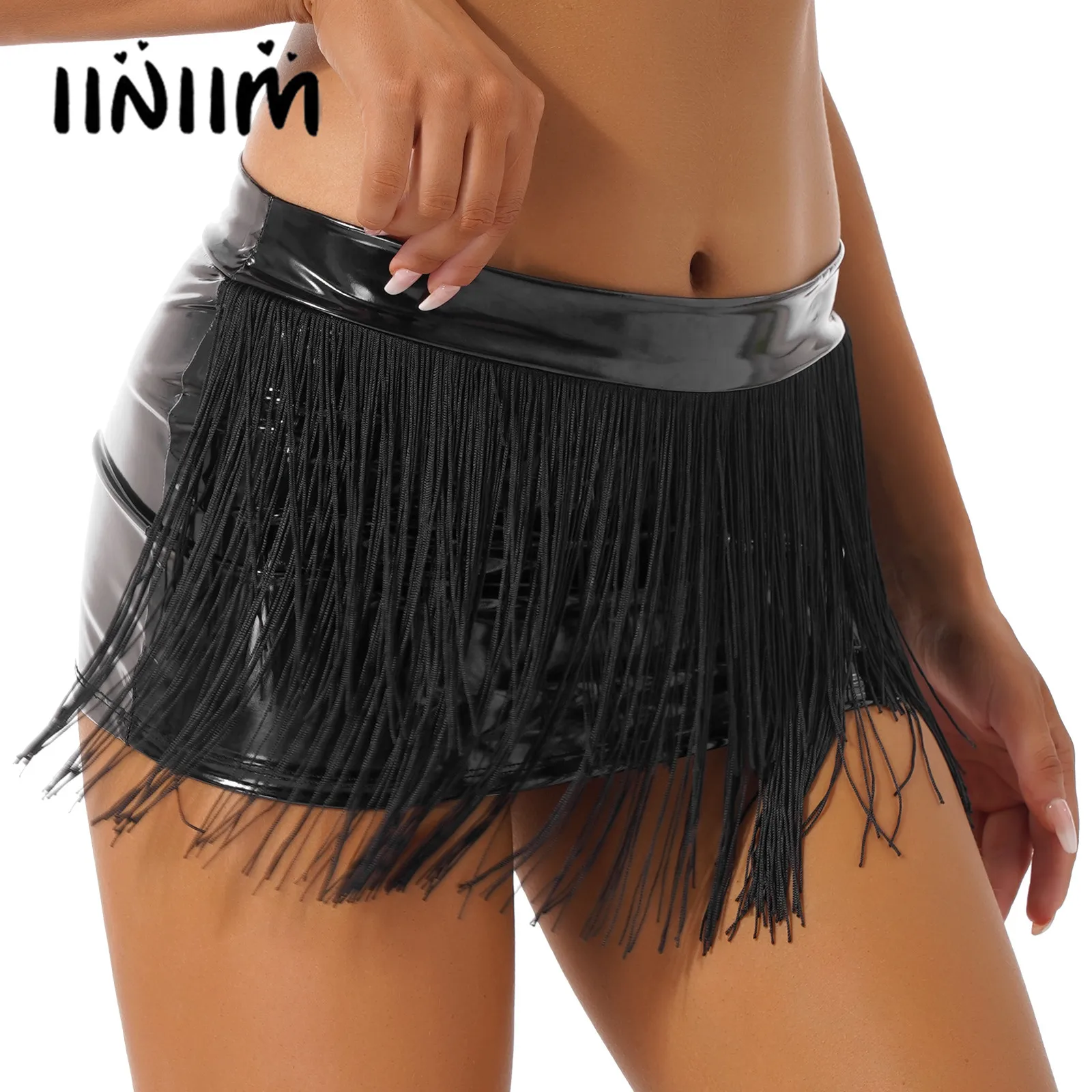 

Sexy Womens Wet Look Clubwear Patent Leather Fringed Miniskirt Low Waist Tassel Skirt Stage Performance Pole Dancing Rave Outfit