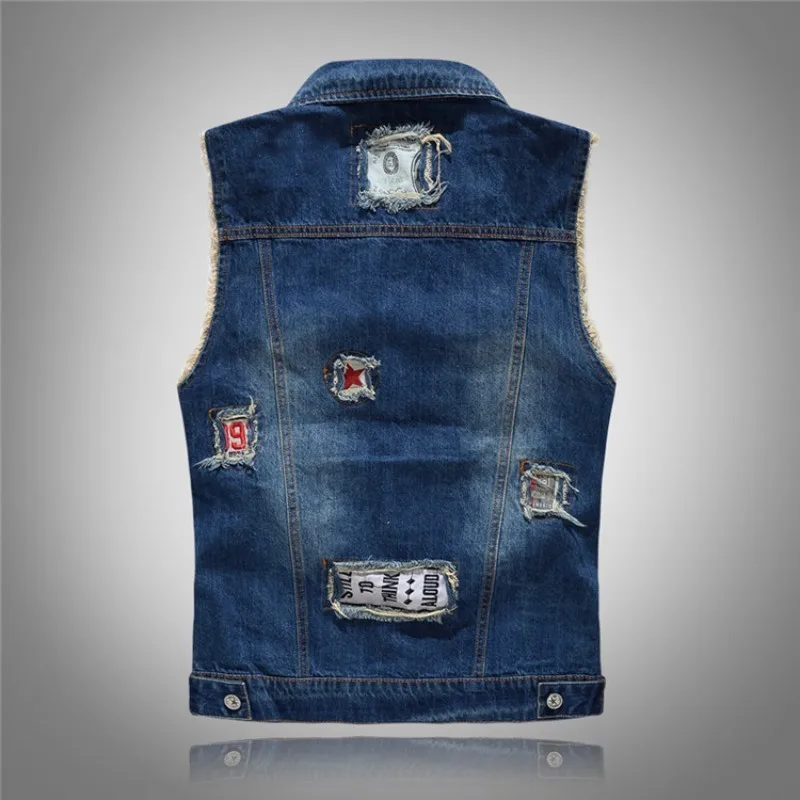 Модная мужская Байкерская джинсовая куртка без рукавов с дырками и кисточками