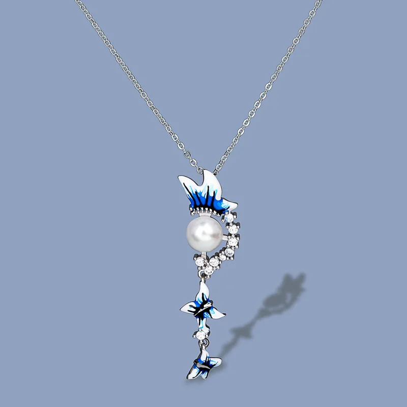 

HML&925 Silver Elegant Pearl Blue Butterfly Tassel Pendant Necklace Fashion New Handmade Enamel Ladies Sweater Chain Jewelry