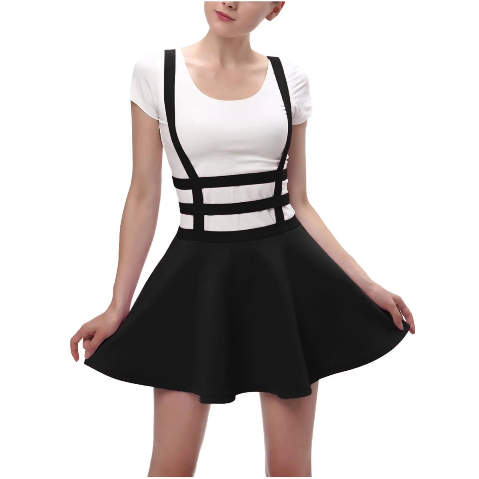 

Hot Sale Women's Casual Pleated Elastic Waist Skirt Ladies Fashion A-line Suspender Brace Skirt Dress Daily Vestidos De Mujer
