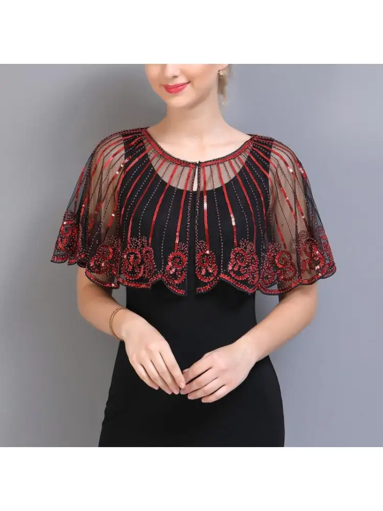 

Women Net Yarn Thin Breathable Short Shawl Modern Dance Vintage Sequin Bead Cape