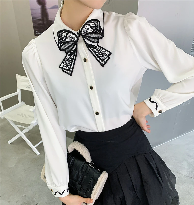 

Emboridery Bow Knot Shirts Women Vintage Bow Knot Collar White Shirts Woman Elegant White Chiffon Blouses Tops