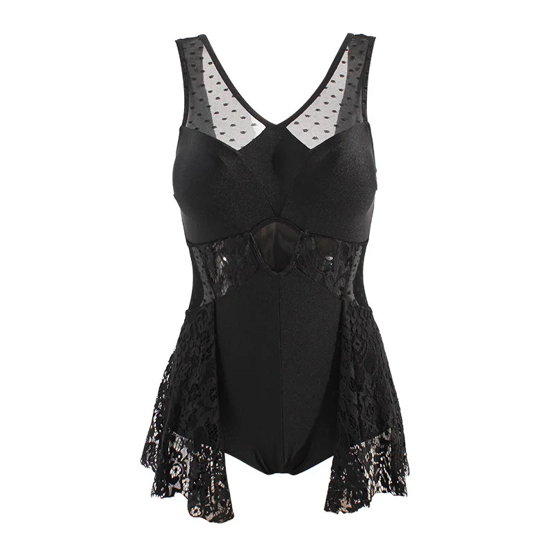 

Swimsuit Fused Swimwear Women One Piece For Beach Swim Summer New Mesh Skirt Sexy Black Patchwork Polyester Push Up Swimsuit
