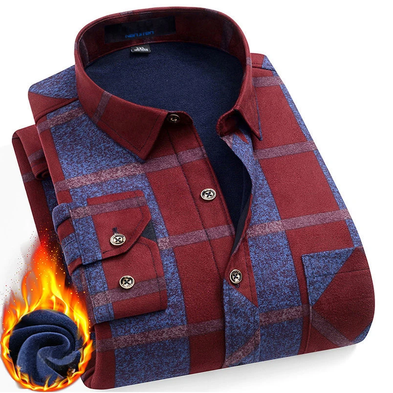 Мужская новая зимняя клетчатая теплая рубашка с длинным рукавом и подкладкой из