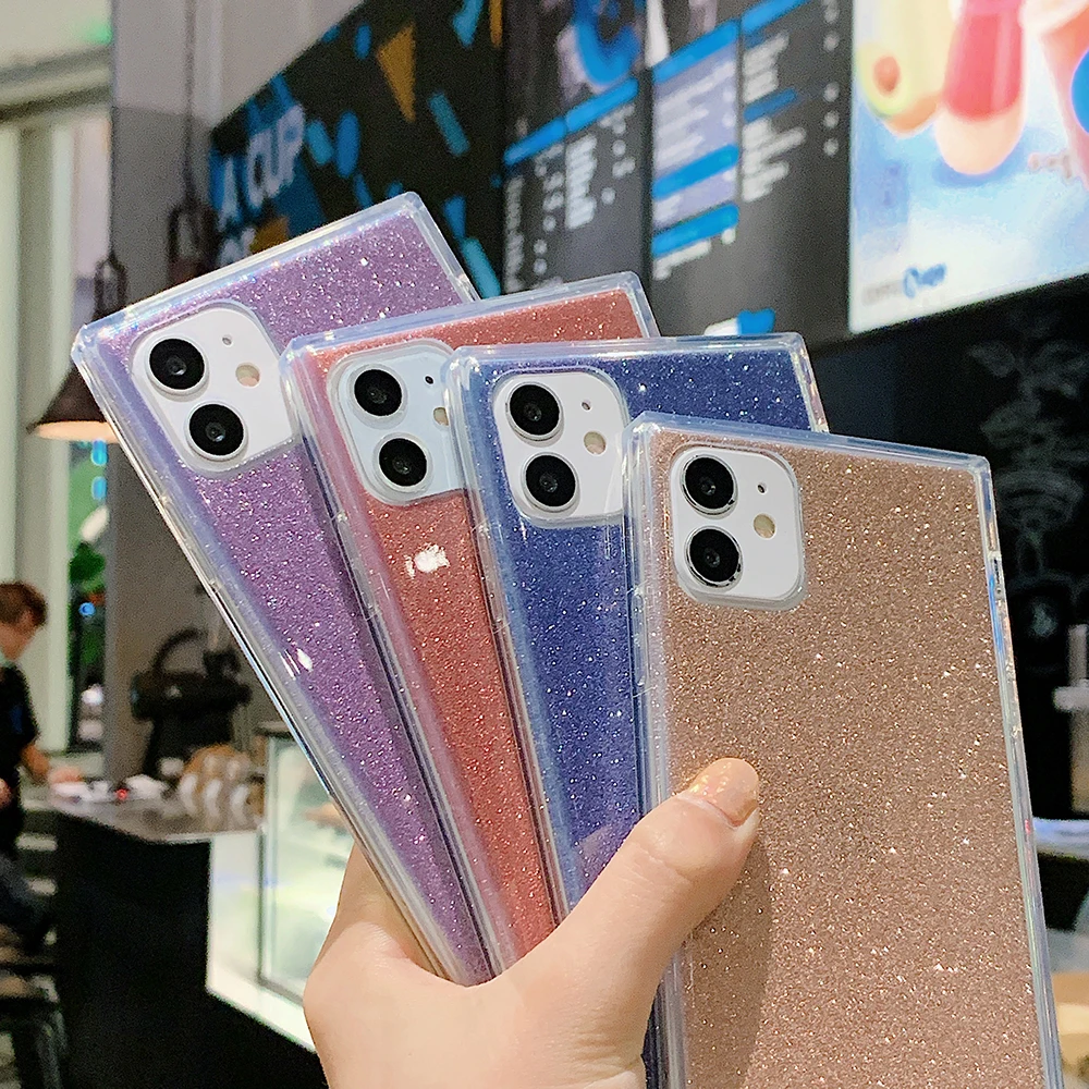 Блестящий квадратный силиконовый чехол с прямыми боками для IPhone 11 12 Pro Max X XR XS 7 8 Plus