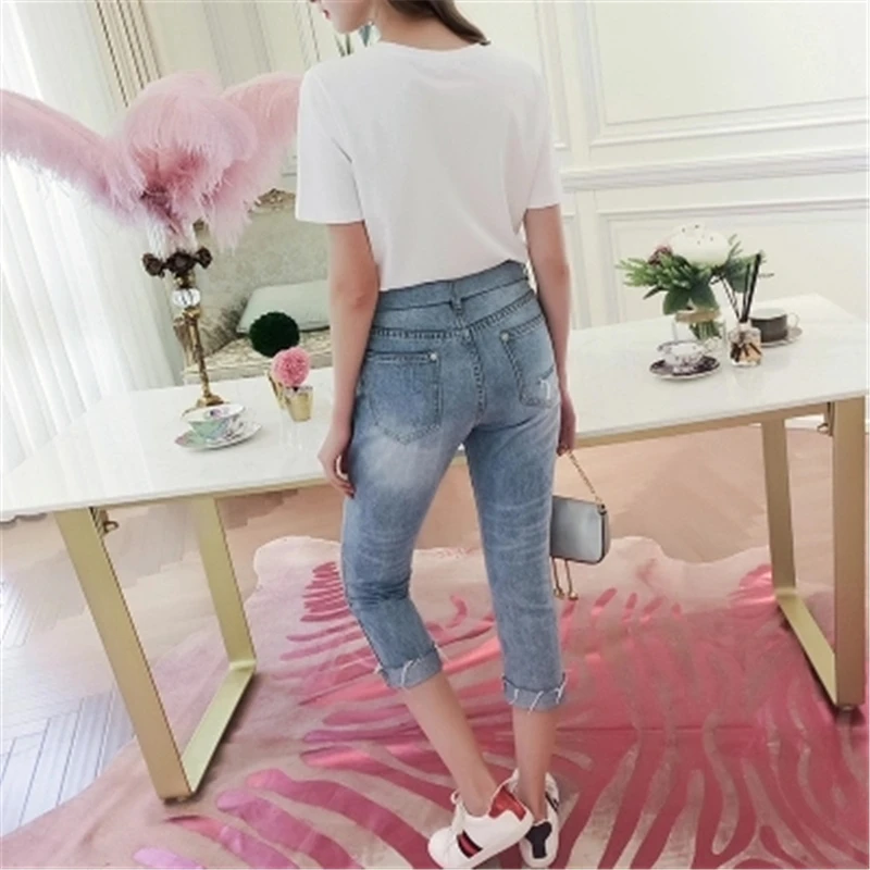 

Floral Casual Women Diamond Summer Print T Shirt Ripped Denim Cropped Trousers Women Suit Two-piece (Tees+Jeans Pants) YXR351