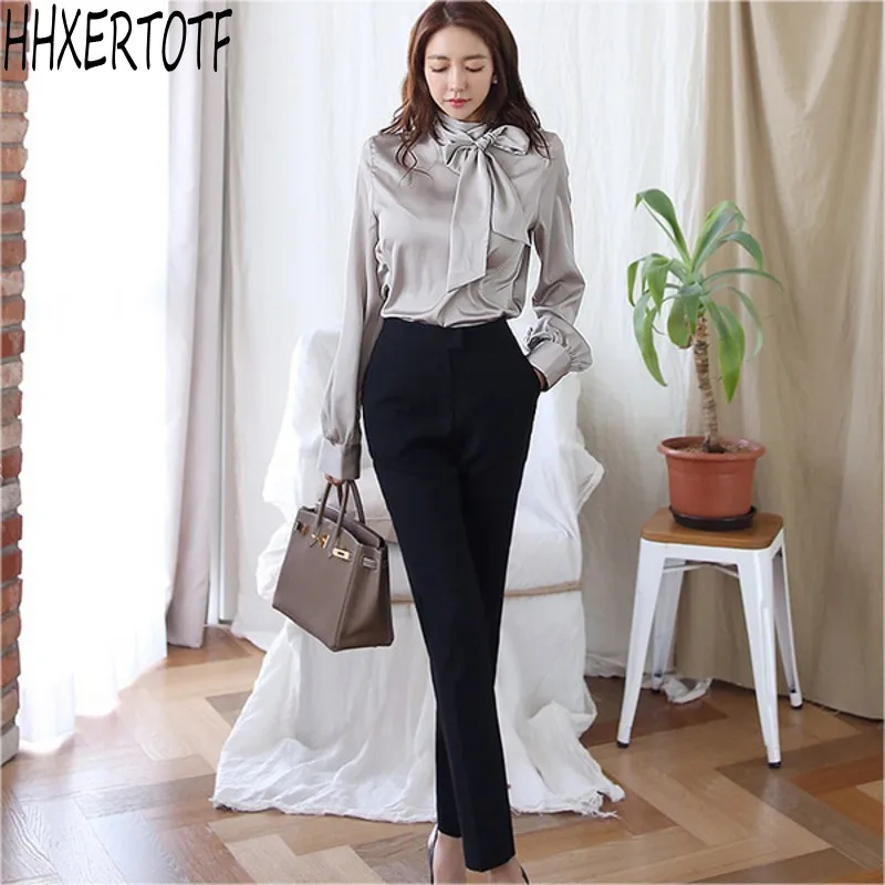 

2021 Spring 2 Pieces Set Women Bowknot Shirts tops+ High Waist Pants professional suit