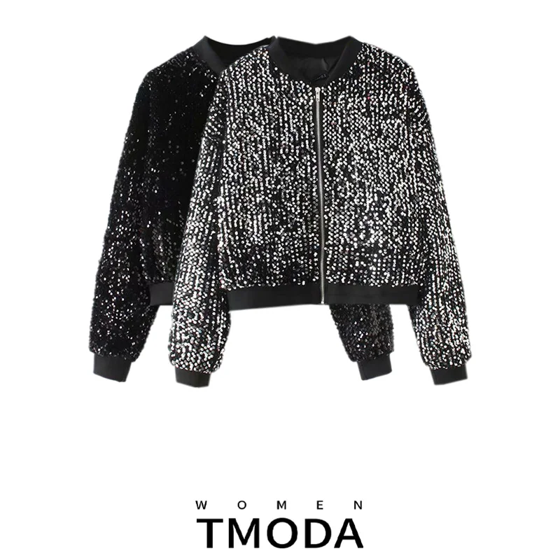 TMODA304 Za Осенняя Женская шикарная расшитая блестками куртка пальто с длинными