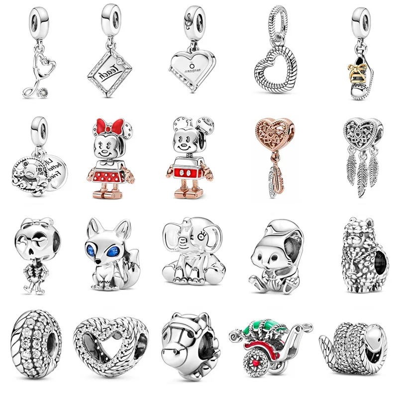 

925 Sterling Silver Original PAN Pendant crystal Heart Rick Elephant Horse Fox Skeleton Girl Camel Charm Beads Diy Bracelet