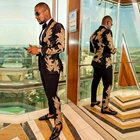 Красивый черный свадебный костюм для мужчин, облегающий однобортный пиджак с брюками, смокинг с золотой аппликацией, мужской комплект из 2 предметов