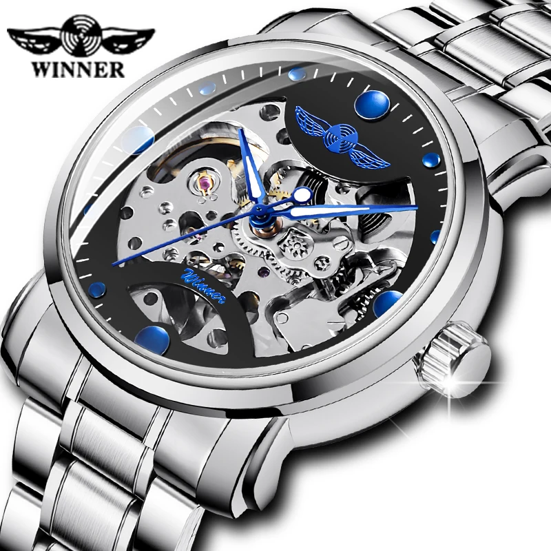 Лидирующий бренд WINNER синие стрелки из нержавеющей стали Скелет открытая работа