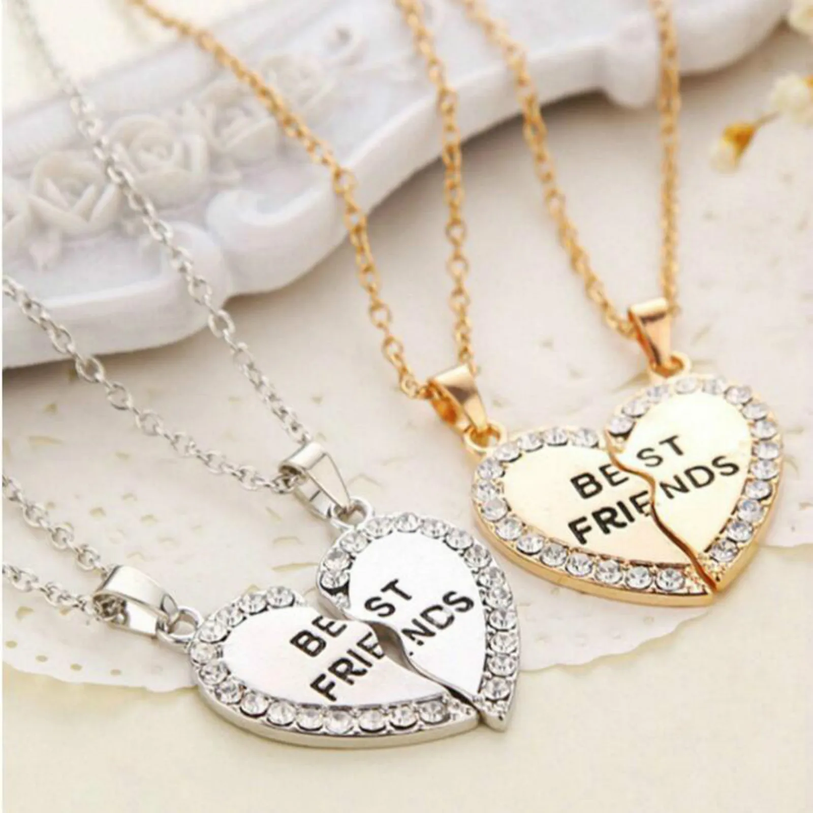 

2Pcs BFF Necklace Crystal Heart Pendant Best Friend Letter Necklace Fashion Women Friend Necklace Women/Men Friendship Jewelry