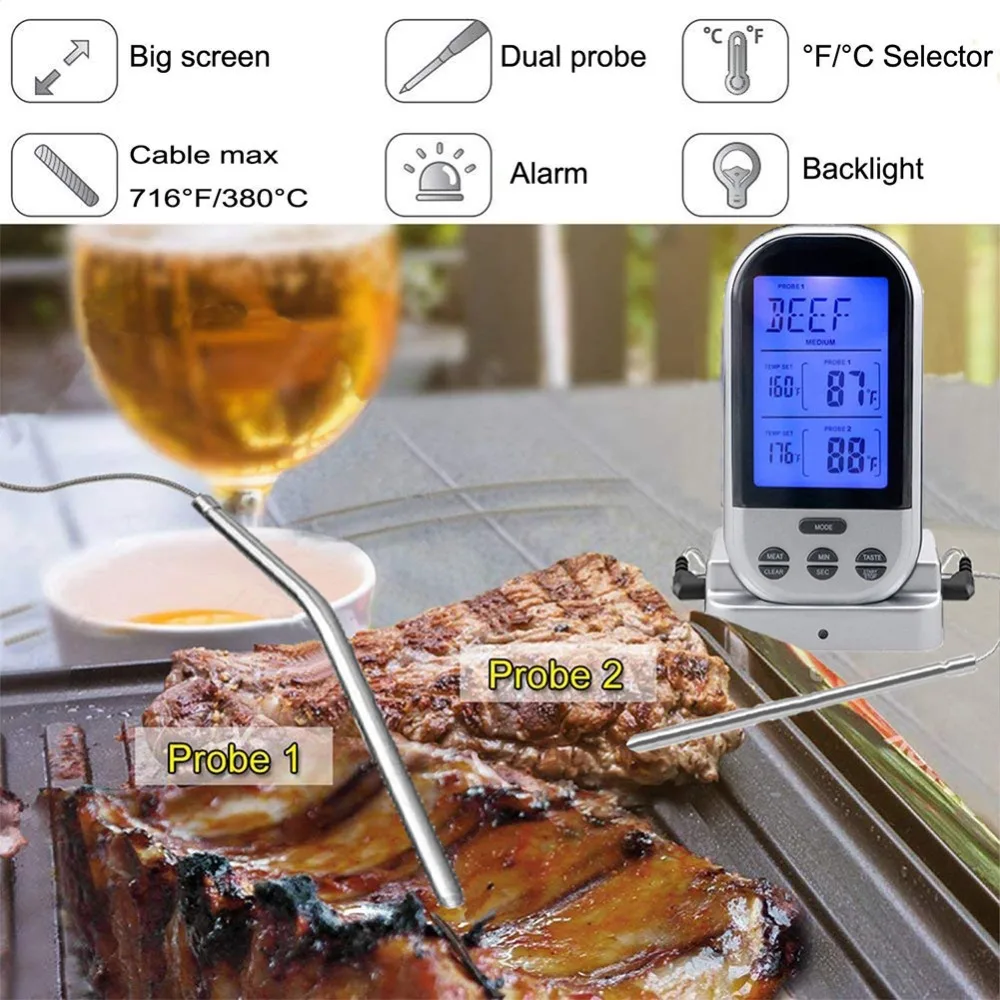 Wireless Barbecue Thermometer Long Range Digital Smoker Meat Thermometer With Dual Probe for BBQ, Oven, Smoker, Grill