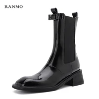 2022 fashion concise fashion women mid calf boots genuine leather high heels square toe autumn winter shoes woman platform shoes