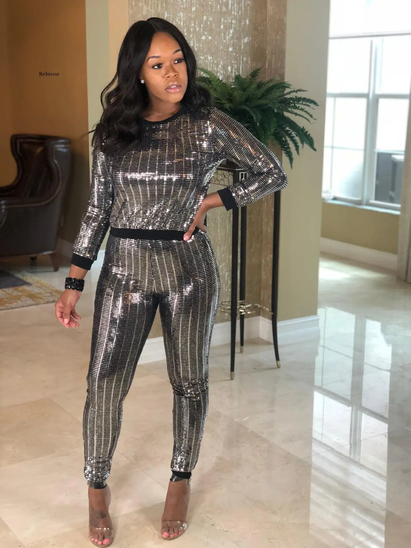 

Autumn Winter Sequin 2 Piece Set Women Tracksuit Long Sleeve Jacket Top Pants Suit Streetwear Sparkly Matching Sets Club Outfits