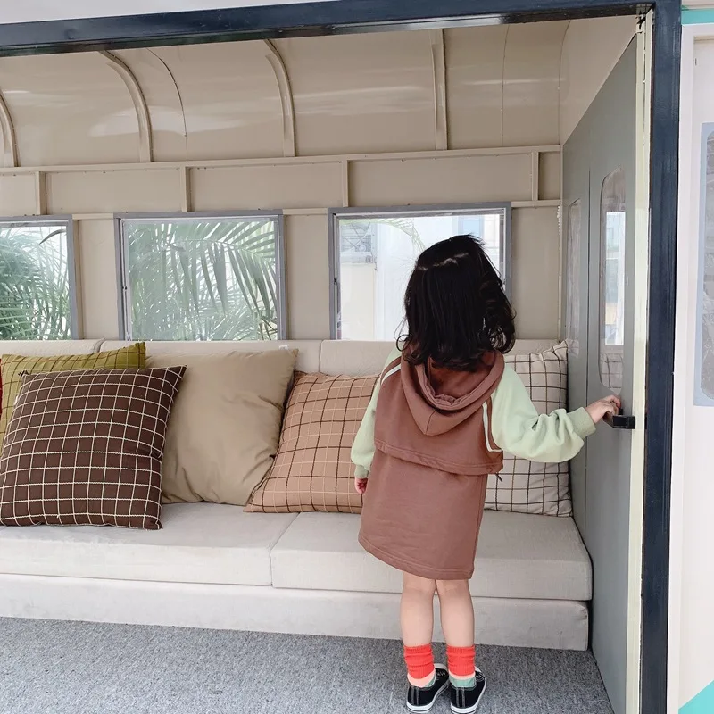 Осень 2019 новинка Топ с длинным рукавом и капюшоном для маленьких девочек + платье