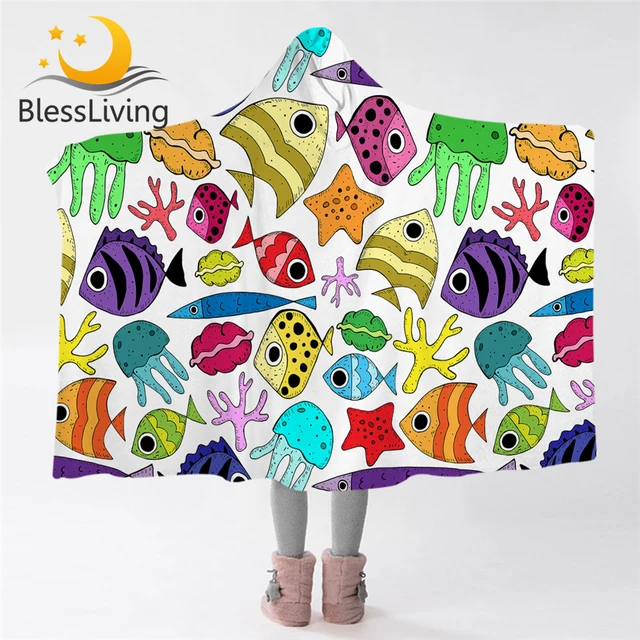 Blessliving Fish Hooded Blanket for Girls Marine Creature Microfiber Sherpa Fleece Cartoon Animal Wearable Throw Blanket 127×152 1