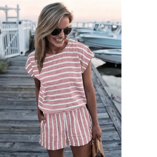 

2021 Women Stripe Loose Playsuits Short Jumpsuit Lady Fashion Casual Summer Playsuit Jumpsuit Female Romper Trouser Short