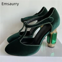 luxury emerald agate chunky heel wedding shoes jeweled high heel shoes t strap green velvet round toe rhinestone pumps women