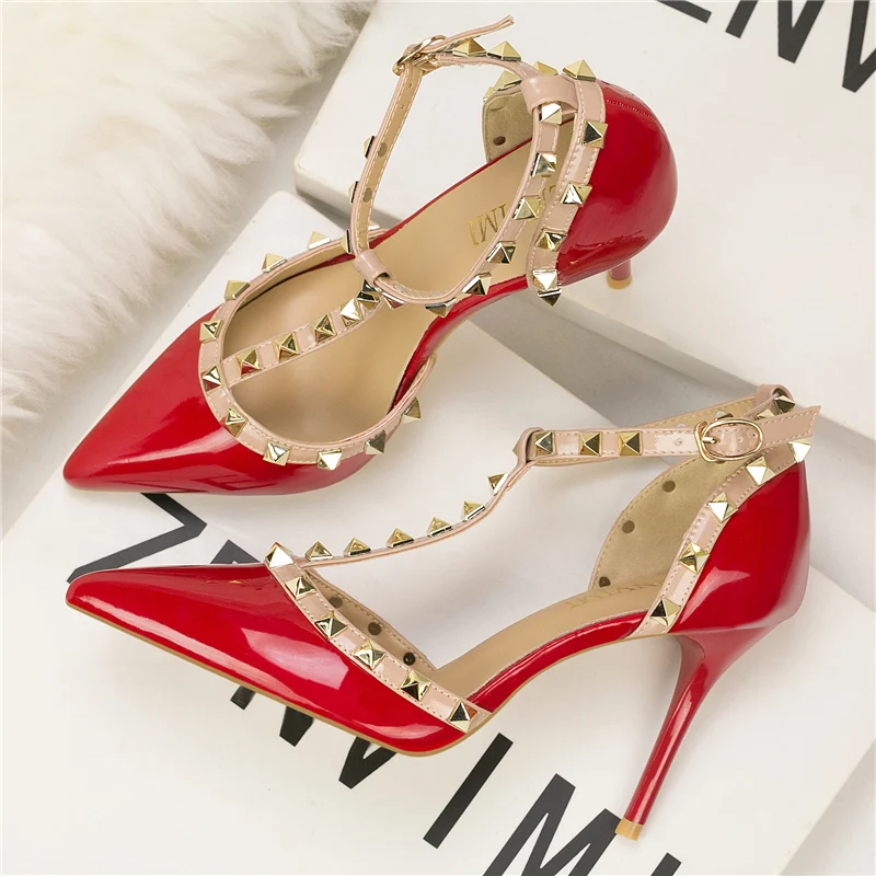 2020 Summer Fashion Sexy Women 9cm High Heels Sandals red Wedding Prom Strap Shoes Glitter Rivets Scarpins Stiletto Fetish Pumps | Обувь
