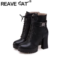 REAVE CAT Big Size 43 Gray Brown Black 10cm Super Block High Heeled Women Shoes Lace Up Platform Winter Woman Ankle Boots F1404