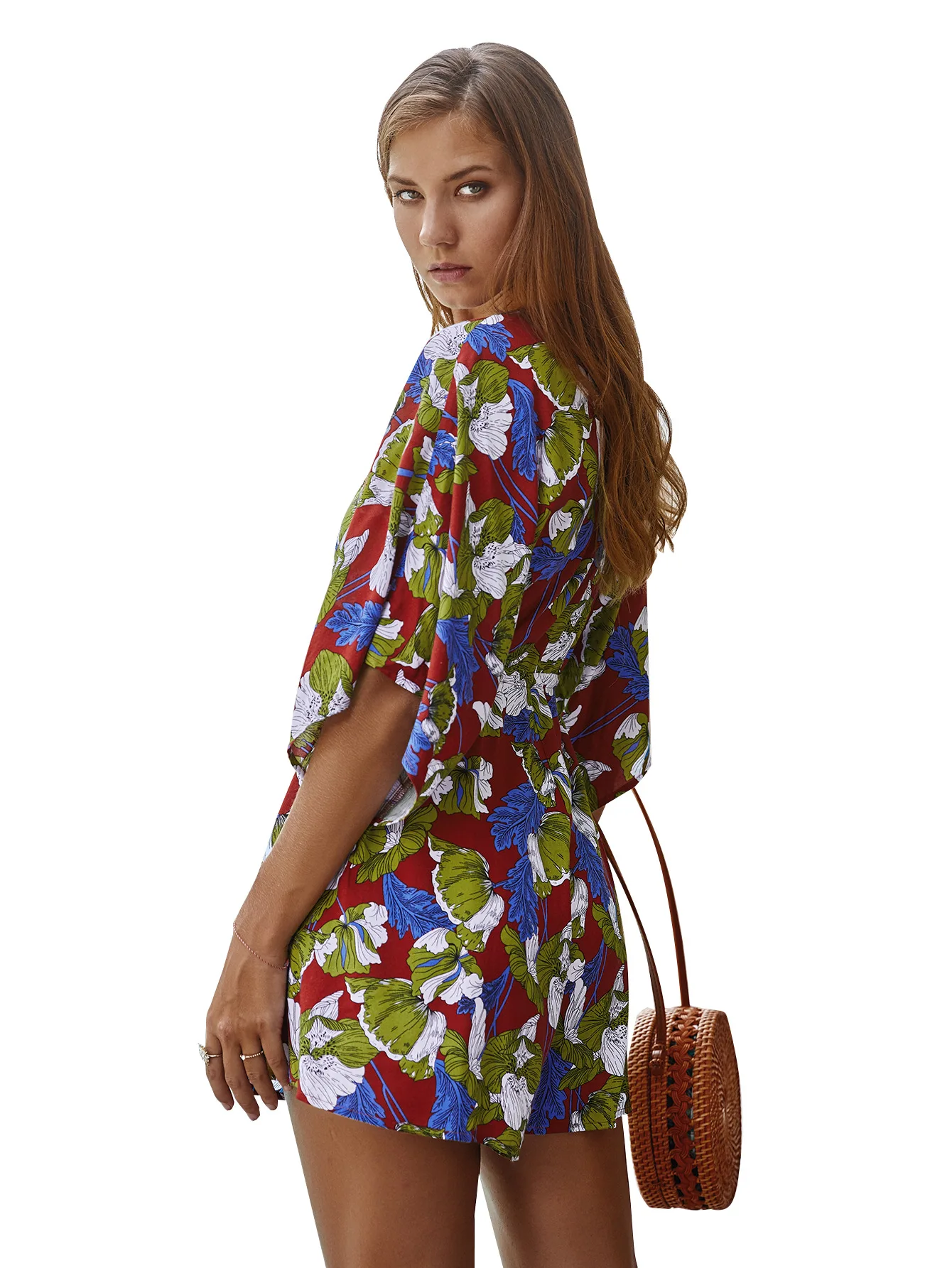 

Elegant Floral Print Playsuits Women Summer Cotton Casual Lady Jumpsuit Sexy V-neck Sashes Loose Bat Sleeve Beach Holiday Romper