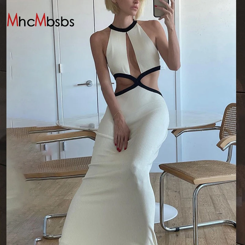 

Ribbed Women O Neck Sleeveless Cut Out Tank Dress Sexy Color Blocking Knitted Bodycon Maxi Dresses 2021 Fall Winter Party Robe