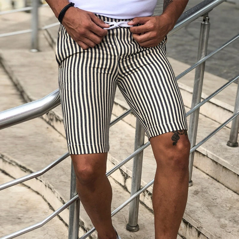 

2021 Men's Fashion Striped Printing Slim Shorts New Casual Summer Beach Short Pant For Men Hipster Drawstring Shorts Streetwear