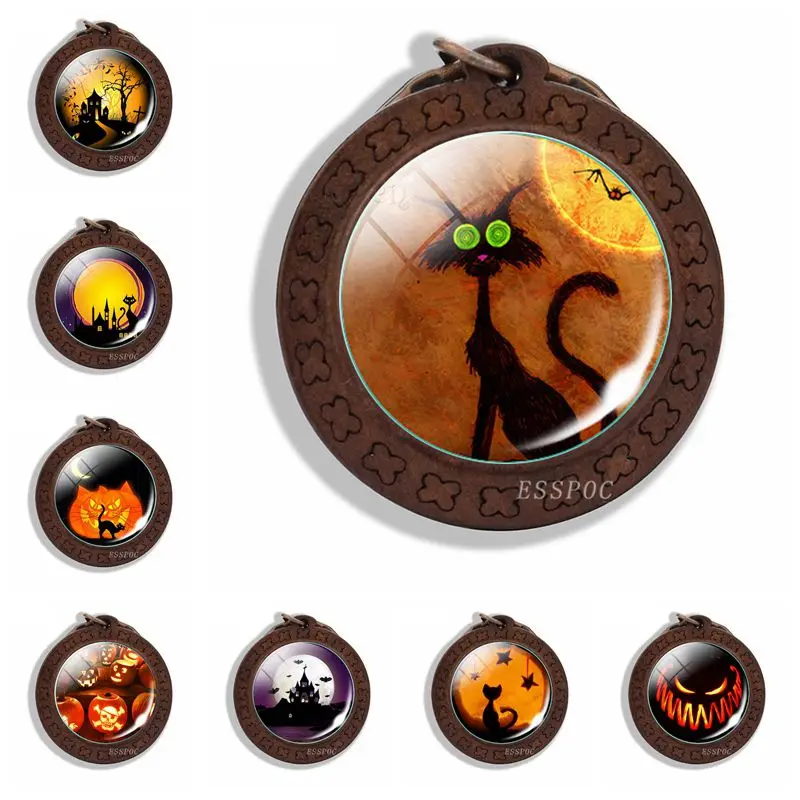Брелок с изображением черной кошки тыквы фонаря и фотостекло кабошон деревянный