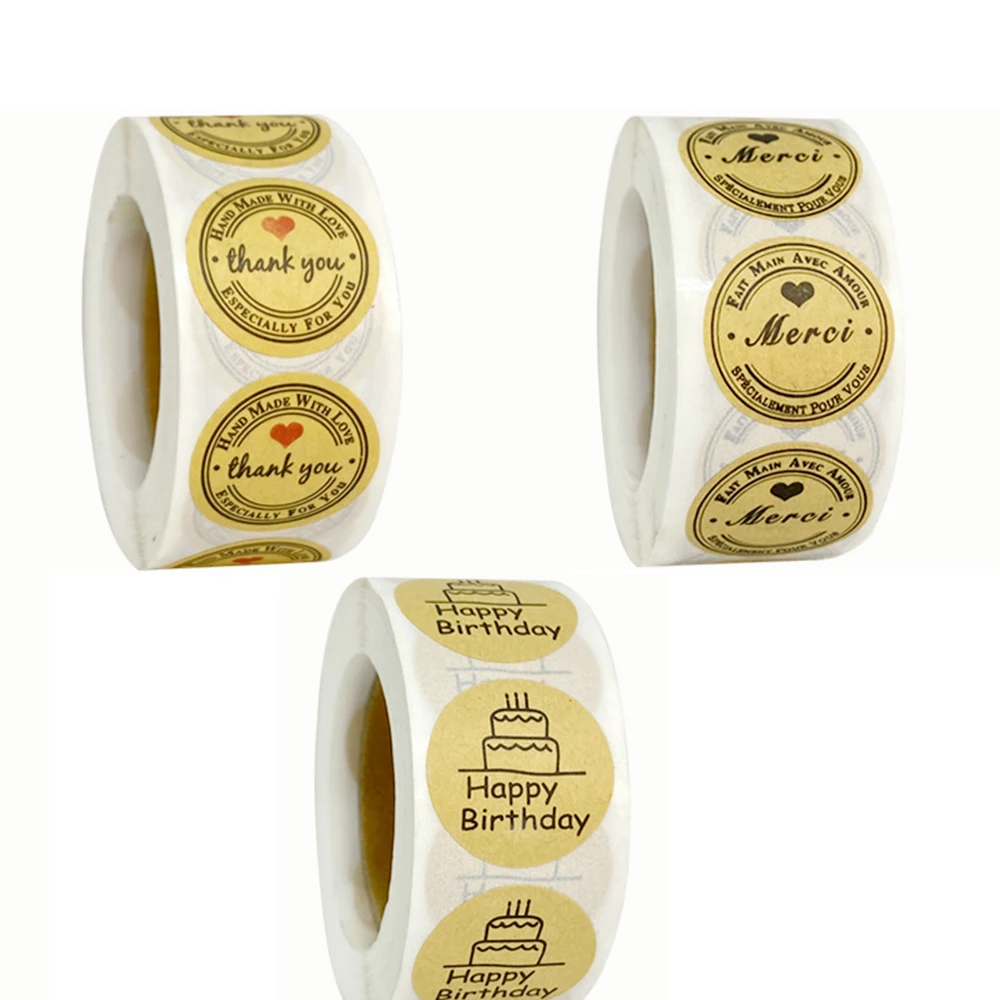 

500Pcs/Roll 1inch Round Thank You Stickers Handmade With Love Sticker Wedding Stickers Adhesive Kraft Paper Gift Stationery