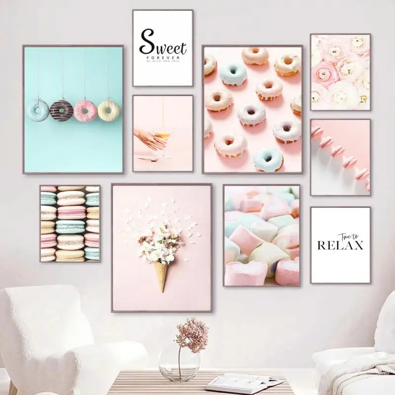 

Nordic Sweet Decorative Painting Donuts Macaron Marshmallow Flowers Canvas Poster Wall Art Modern Home Decor Living Room Mural