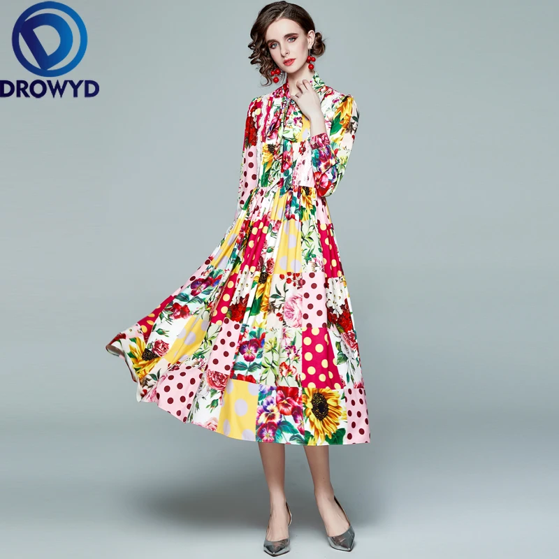 

2021 Women Summer Fashion Runway Dress High Quality Bow Collar Dot Floral Print Robe Femme Mid Calf Sweet Designers Vestidos