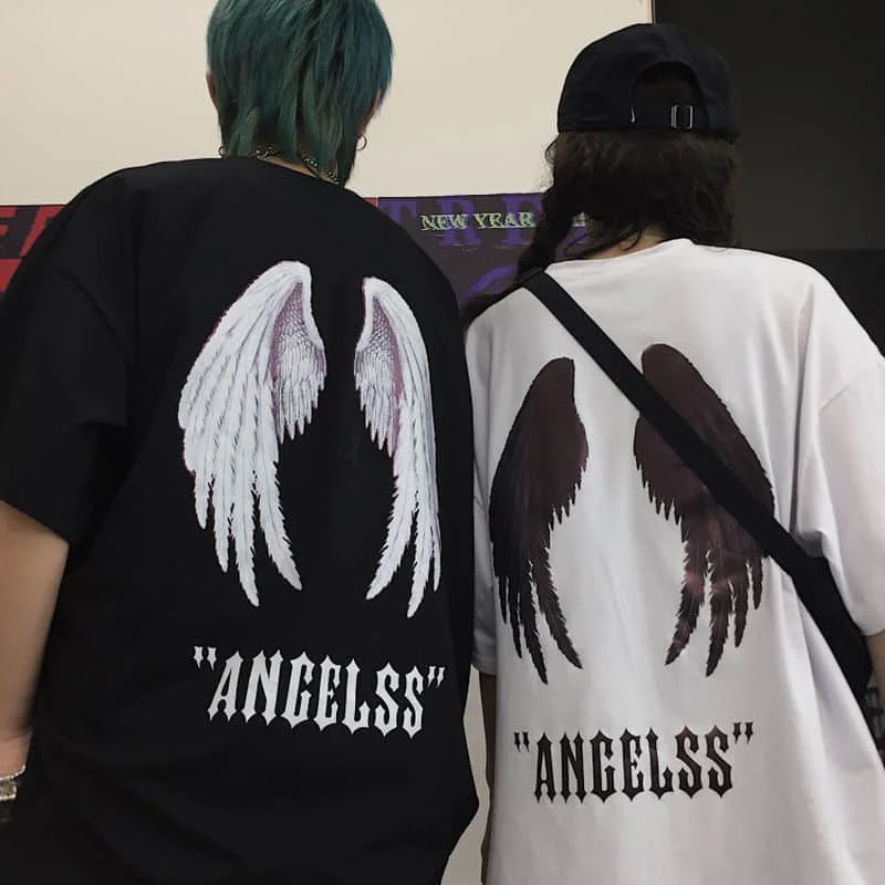 

Foufurieux Summer Loose Hip-hop Short Sleeve Harajuku Angel Wings Sexy Vintage Oversized Men Tshirt Streetwear Punk Men Tee Tops