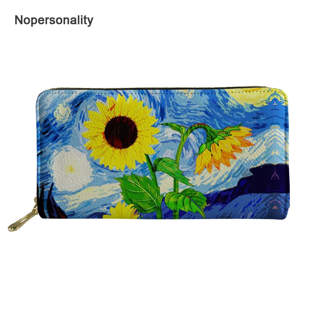 

Nopersonality Sunflower Print Leather Wallets for Women Casual Female ID Card Holders Long Hand Purse Cellphone Bags