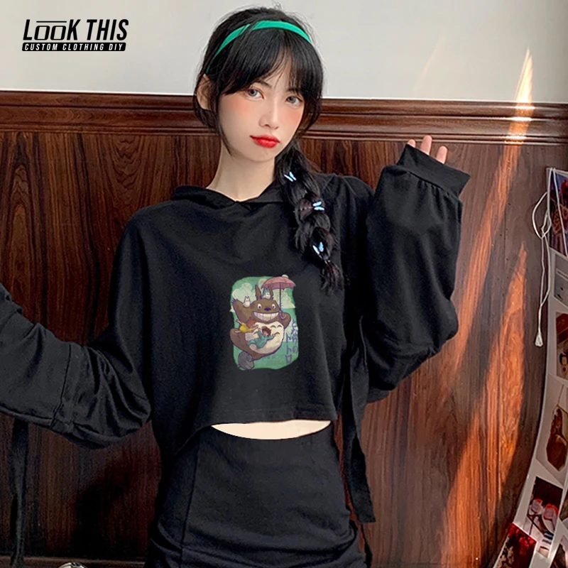 

TOTORO Cartoon Pictures Anime Ladie Harajuku Hooded Women Sweatshirt Oversized Hoodie Girl Cute Bow Tie Short Pullover Tops