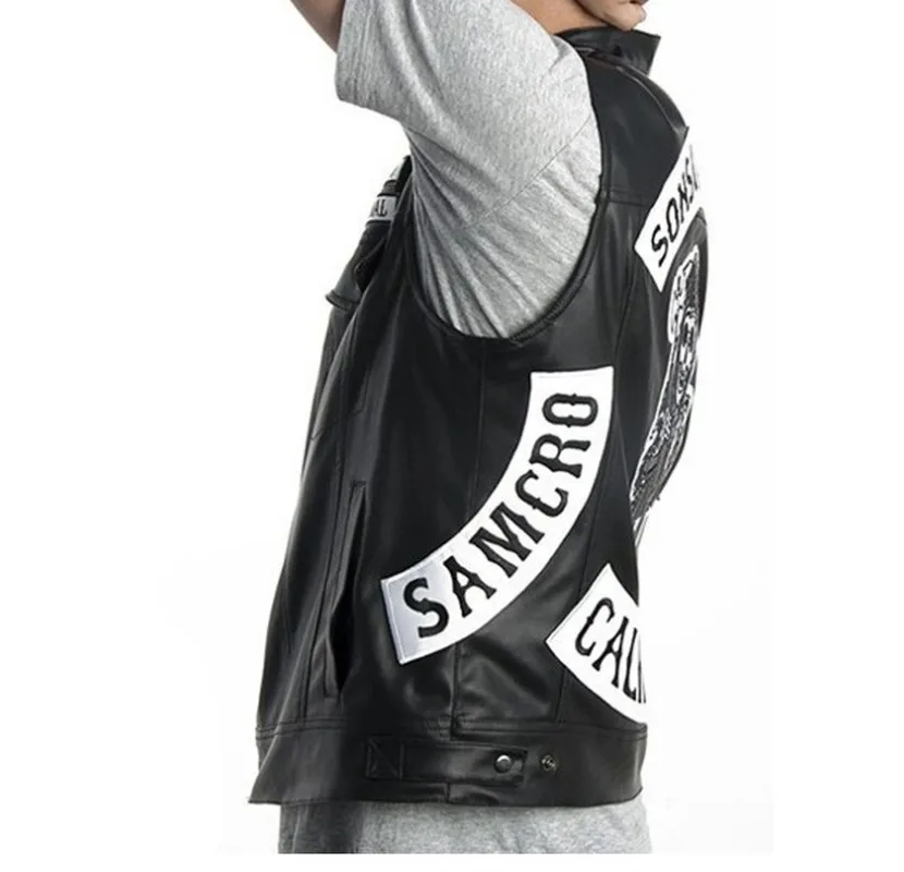 

NEW Black Motorcycle Leather Vest Men Son of anarchy Spring Fashion Punk Sleeveless Jacket V Neck Plus Size Waistcoats S-3XL 510