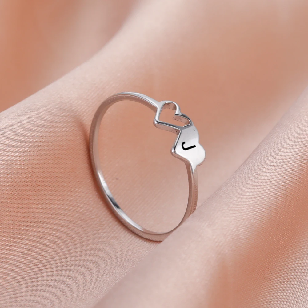 Skyrim Minimalist Double Hearts Initial Letter Rings Women Stainless Steel A-Z Alphabet Trendy Ring 2022 Fashion Jewelry Gift | Украшения и