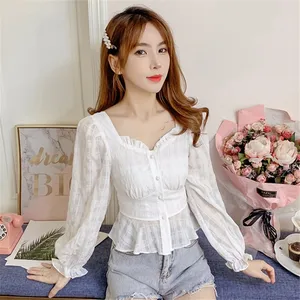 Женская шифоновая блузка с длинным рукавом, приталенная белая блузка с квадратным вырезом и пышными рукавами на осень, 2020
