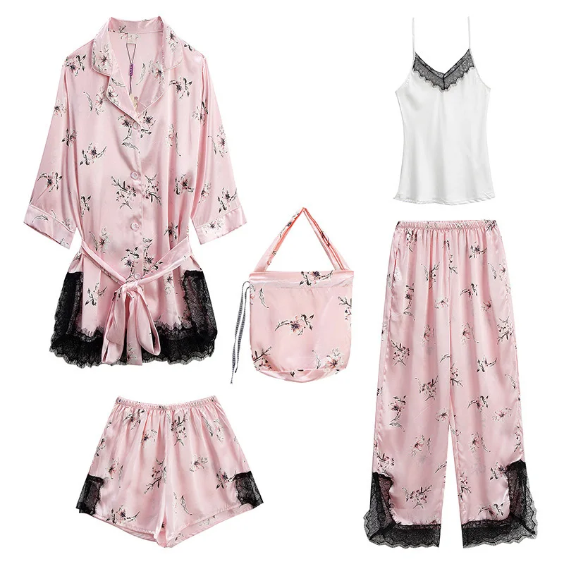 Привлекательные пижамные комплекты атласные шелковые пижамы 5 шт. женские