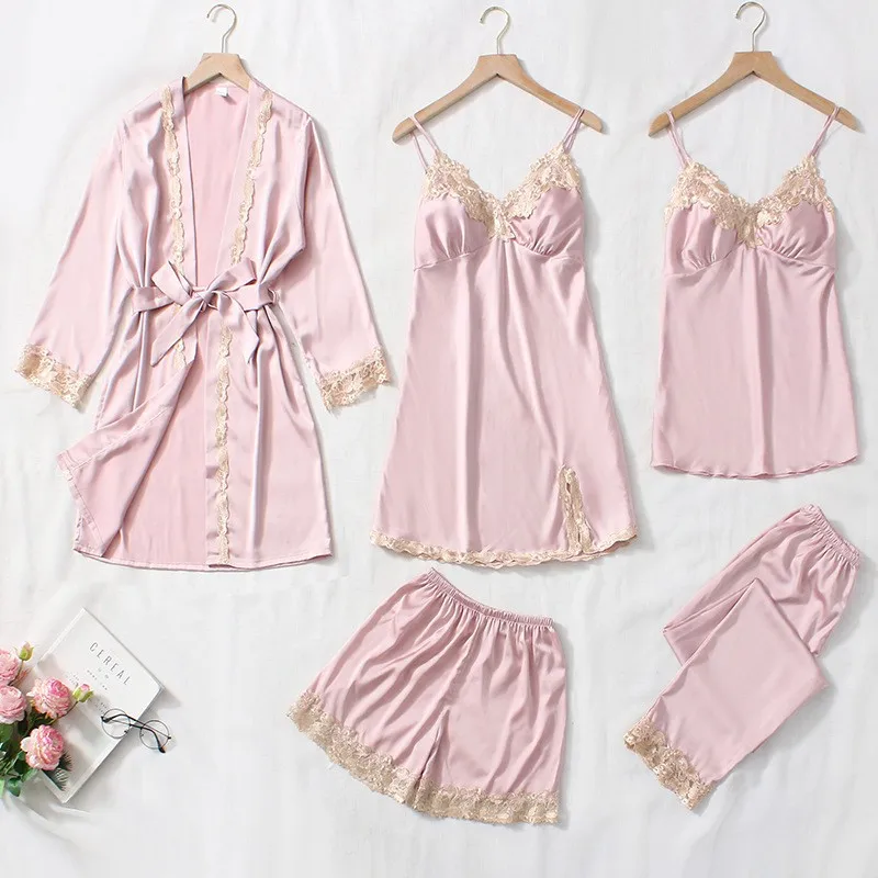 

Satin Spring 5PCS Pajamas Suit Lady Sleepwear Sexy Kimono Robe Gown Loose V-Neck Lace Trim Sleep Set Pyjamas Thin Home Wear