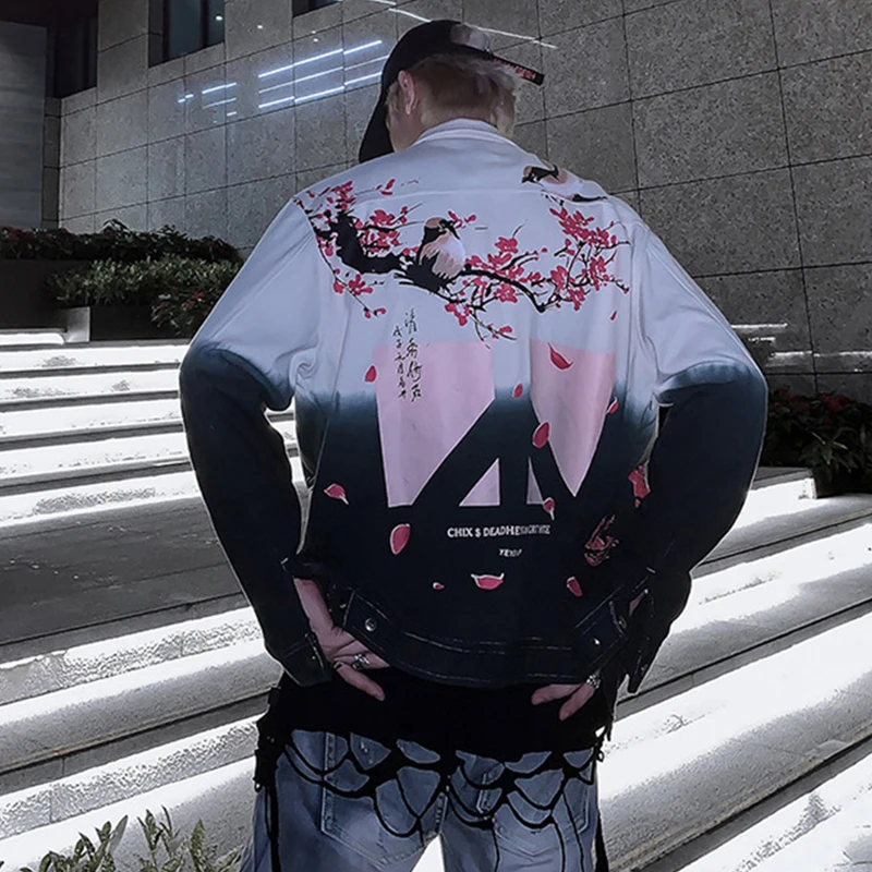 Хип Хоп Уличная джинсовая куртка для мужчин с цветком птичка джинсовое пальто