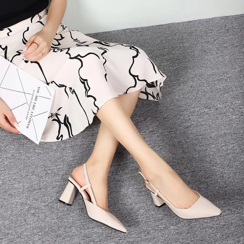 

Autumn new sandals fashion small square toe high heel women's shoes simple Baotou thick with hollow buckle shallow mouth women s