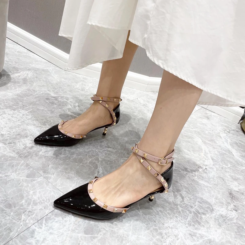 

Fashion French rivet high heels women's summer 2021 new mid-heel stiletto single shoes wild pointed toe sandals
