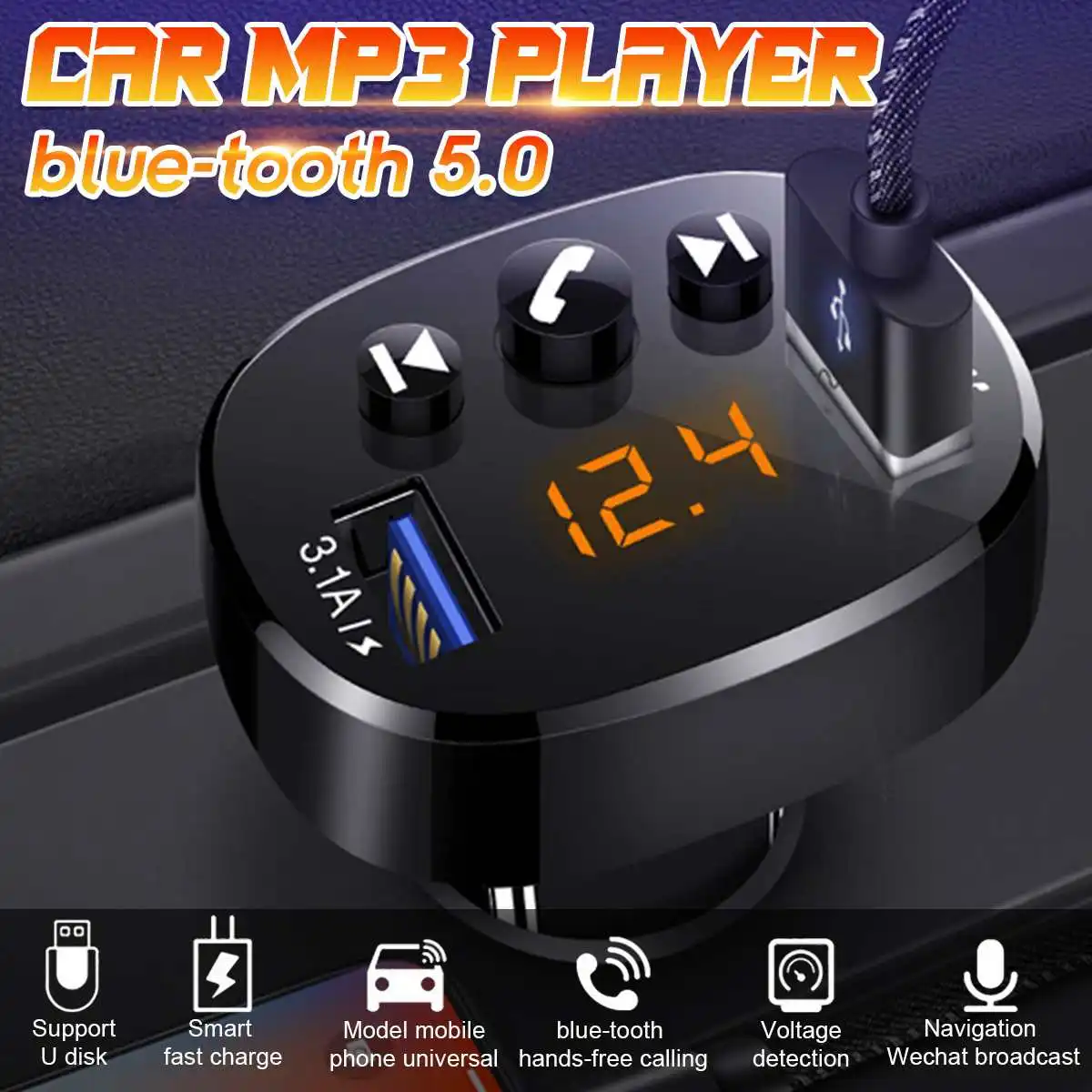 

Car blue-tooth 5.0 Car Kit 2USB Quick Charger 4.1A MP3 Music Player Wireless Handsfree Audio Receiver FM Transmitter Modulator