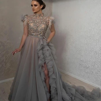 Arabic   Silver Luxurious Sexy Evening Dresses Lace Beaded Prom Dresses High Split Formal Party Second Reception Gowns