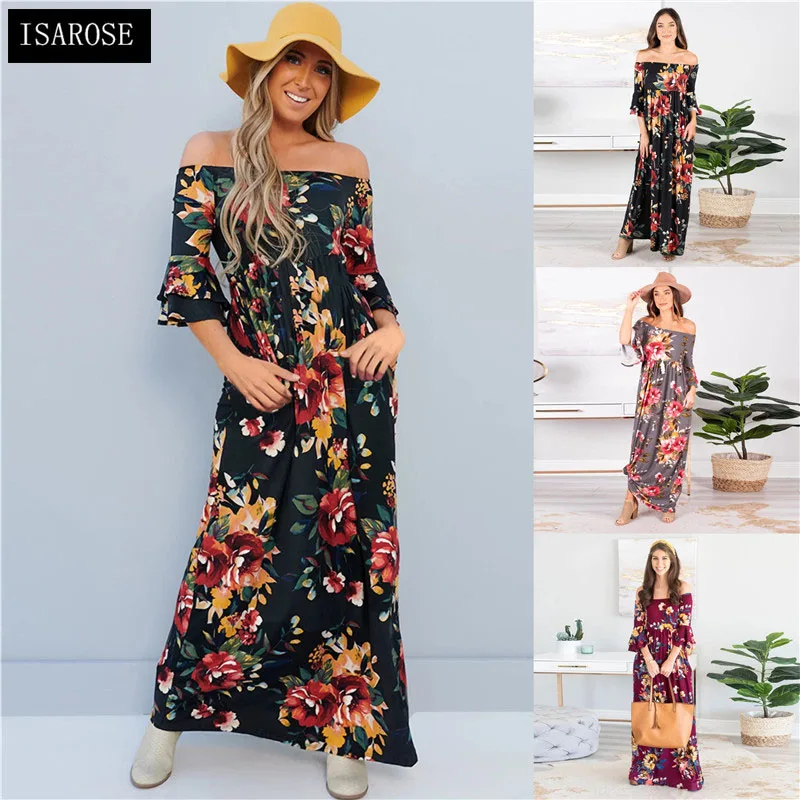 

Женское платье с цветочным принтом ISAROSE, длинное эластичное пляжное платье для отдыха, с открытыми плечами и расклешенными рукавами, весна-л...