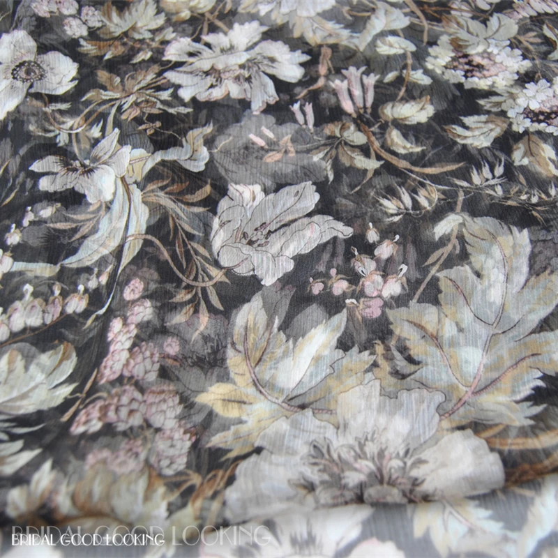 

Silk Georgette Chiffon Fabric Dress Large Wide Black and White Flower 100% Pleated Thin Skirt Scarf DIY Patchwork Tissue