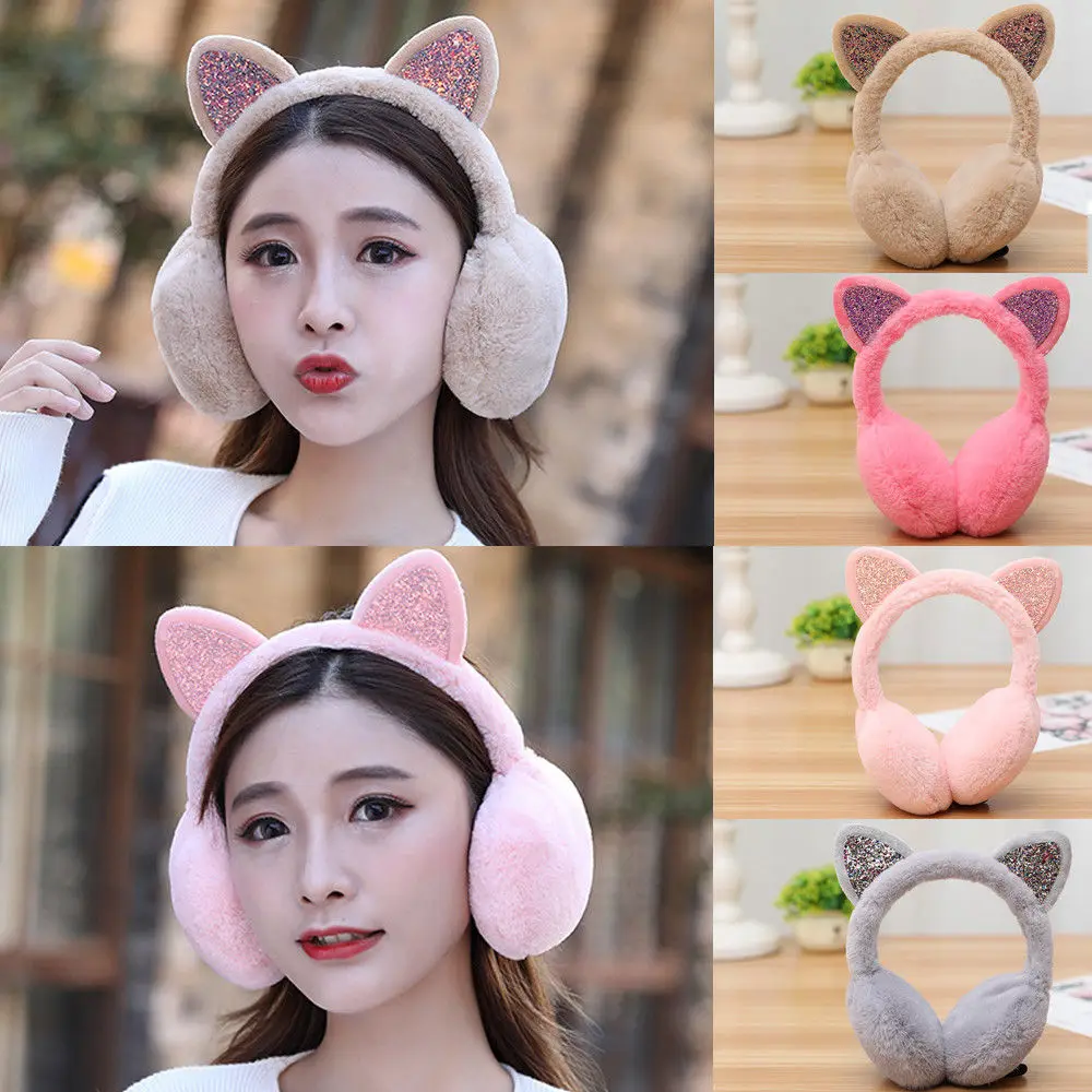 

Brand New 2018 Fashion Women Girl Fur Winter Ear Warmer Earmuffs Cat Ear Muffs Earlap Glitter Sequin Earmuffs Headband Newest