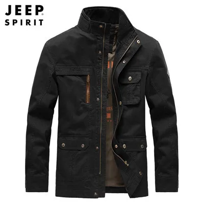 JEEP SPIRIT/осенние куртки мужские в стиле милитари повседневное пальто средней длины мужской воротник-стойка с несколькими карманами Хлопковая мужская куртка chaqueta hombre - Цвет: Черный